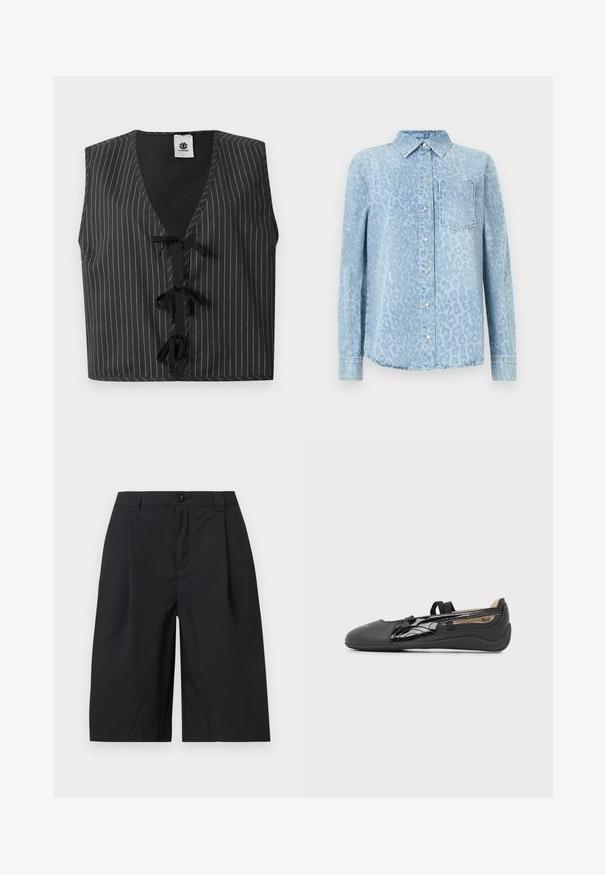 Gilet noir sans manches avec des fines rayures blanches verticales et trois fermetures à nouer noires sur le devant, étiquette de la marque à l'intérieur du col.; Chemise en denim bleu clair avec motif léopard, col, manches longues, fermeture boutonnée à l'avant et une poche poitrine. Finition texturée.; Shorts noirs longueur genou avec fermeture à bouton et passants de ceinture, en tissu lisse, présentés sur un fond clair uni.; Ballerine plate en cuir noir avec des détails en cuir verni sur les côtés et des brides élastiques sur le dessus du pied, vue de l'extérieur sur fond blanc.