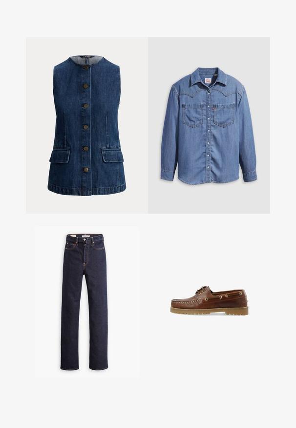Ærmeløs mørkeblå denimvest med knaplukning foran og to klaplommer i taljen.; Lyseblå denimskjorte med spidst krave, to brystlommer og trykknapper. Har et western-inspireret stykke på skuldrene.; Mørkeblå straight-leg denim jeans med fem lommer og synlig orange syning på hvid baggrund.; Brune læder bådsko med lav skæring, snøredesign, metaløjer og en tekstureret gummisål, der har stikninger foran.