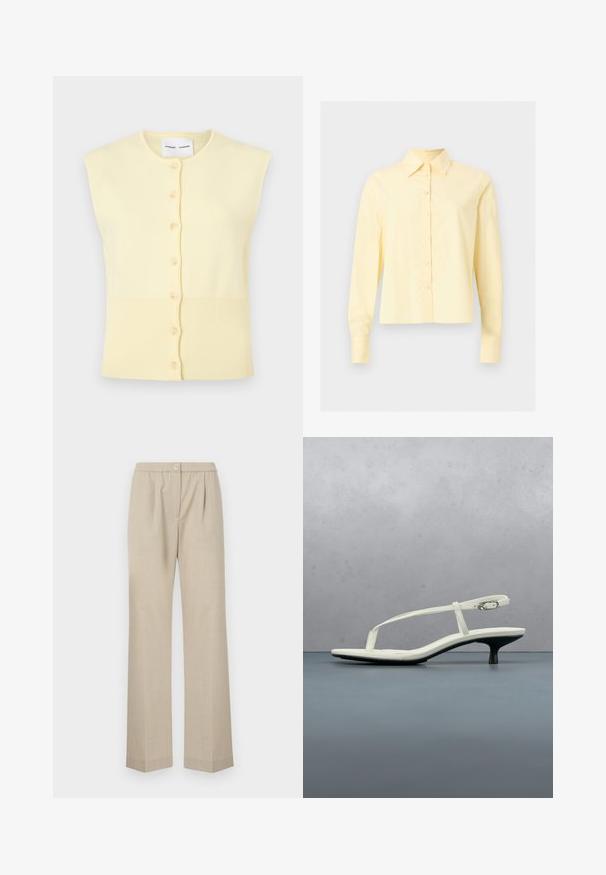 Lysegul ærmeløs cardigan lavet af blødt strikmateriale. Har knaplukning foran og ribbet tekstur nederst.; Bleg gul langærmet skjorte med knapper og spids krave, vist fladt mod en ensartet lys grå baggrund.; Lys beige bukser med lige ben, elastisk talje og en enkelt knapdetalje foran. Fremstillet af et tekstureret stof.; Hvid sandal med stropper og kitten-hæl med spids tå, svævende over et trægulv udendørs med en sløret plante og væg i baggrunden.