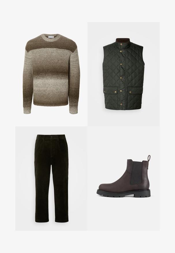 Gilet vert matelassé avec col montant, boutons-pression dorés et poches avant doubles, doté d'un tissu lisse et texturé.; Pull en tricot à manches longues avec col rond présentant des rayures horizontales dégradées dans des tons bruns et beiges.; Pantalon en velours côtelé vert foncé, coupe droite, avec poches à l'avant, fermeture à bouton et tissu texturé.; Bottine Chelsea en cuir brun foncé avec panneau latéral élastique noir, languette au talon, semelle épaisse noire crantée et bout arrondi.