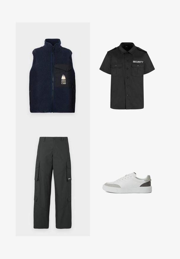 Gilet en polaire bleu marine avec un haut col, fermeture éclair à l'avant et une poche sur la poitrine gauche arborant un logo de couleur claire. Tissu texturé et poches latérales.; Chemise noire à manches courtes avec un col pointu, deux poches poitrine et "SECURITE" imprimé en blanc sur le devant. Fabriquée en tissu de coton.; Pantalons cargo noirs à jambes droites avec poches latérales à rabat, fermeture à bouton, passants de ceinture et petit logo blanc sur le rabat de la poche droite.; KARL LAGERFELD SNEAKER MAXI KUP - Baskets basses - white grey
