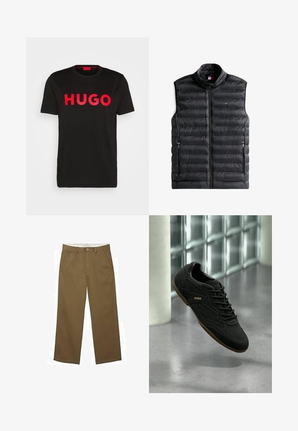 Zwarte gewatteerde mouwloze puffer-vest met ritssluiting aan de voorkant, twee met rits afgesloten zakken en een klein rood-wit-blauw logo op de borst.; Zwarte katoenen T-shirt met op de voorkant gedurfde rode "HUGO" tekst, korte mouwen, ronde hals en een relaxte pasvorm.; Bruine rechte broek met steekzakken aan de voorkant, riemlussen en een knoopsluiting in de taille, plat gelegd op een witte achtergrond.; Zwarte lage sneaker met bruine zool, zwarte veters en "HUGO"-logo aan de zijkant, afgebeeld tegen een achtergrond van een muur van glazen blokken.