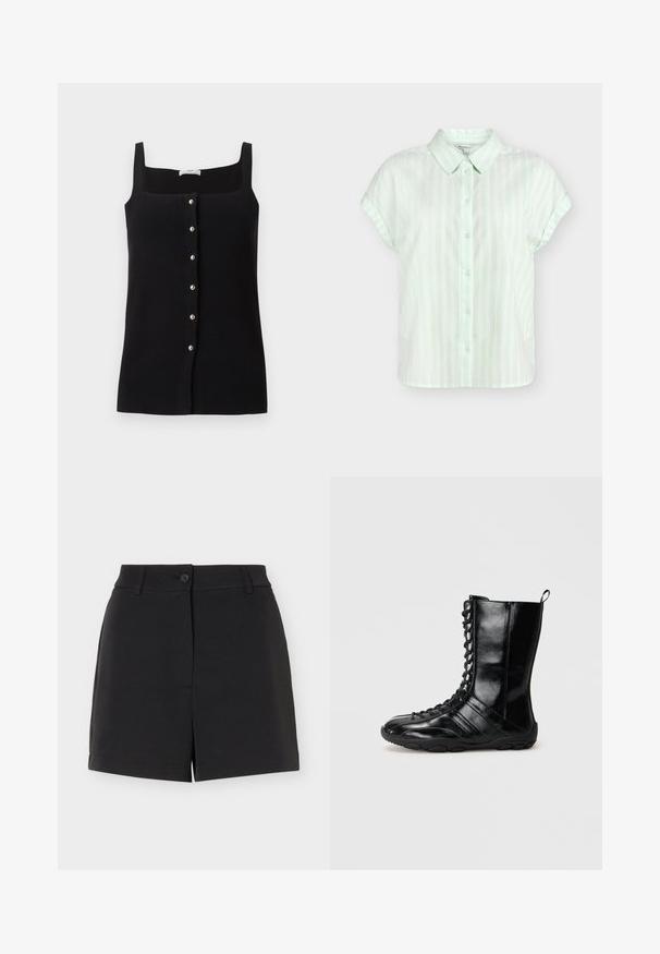 Haut noir sans manches avec larges bretelles et une rangée frontale de six boutons ronds brillants, présenté sur un fond clair uni.; Chemise à manches courtes rayée verticalement en vert clair et blanc, boutonnée sur le devant, avec un col pointu et des manches retroussées.; Shorts noirs sur mesure avec passants de ceinture, fermeture à bouton et détail d'ouverture avant, affichés sur fond blanc.; Bottes en cuir noir avec une tige haute, devant lacé, semelle en caoutchouc et panneaux texturés. Offre une boucle pour un enfilage facile.