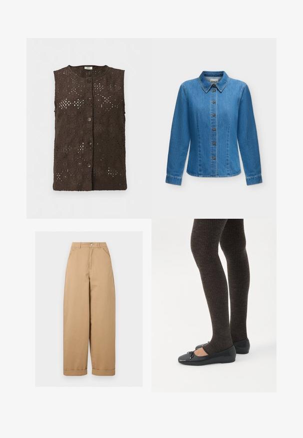 Gilet sans manches en dentelle brun foncé avec encolure ronde et fermeture boutonnée devant, présentant des motifs découpés floraux et géométriques complexes.; Chemise en denim bleu à manches longues avec fermeture boutonnée sur le devant, col pointu et détails de coutures surpiquées.; Pantalon beige taille haute à jambes larges avec poches avant, passants de ceinture, fermeture par boutons et ourlets retroussés.; Jambes portant des leggings côtelés foncés associés à des ballerines noires avec de petits détails en nœud sur fond blanc.