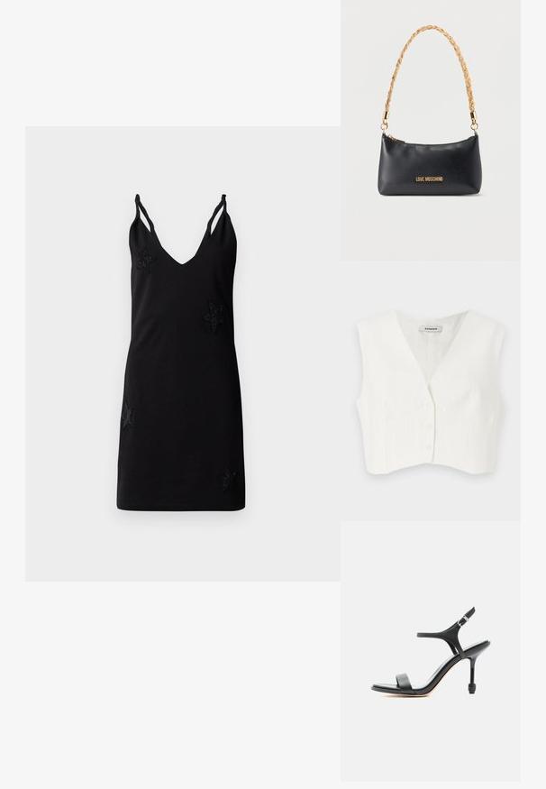 Hvid cropped top med v-udskæring, to frontlommer, fem knapper og lodrette teksturerede striber. Fremstillet af et glat, letstof.; Sort ærmeløs kjole med V-hals, lavet af blødt stof, prydet med dekorative perle-stjerneapplikationer på forsiden.; Sort læder sandal med høje hæle, tynde stropper, åben tå og justerbar ankelspænde, vist mod en ensartet hvid baggrund.; Sort skuldertaske i læder med guldkæde som håndtag og "LOVE MOSCHINO"-logo i guldbogstaver foran.