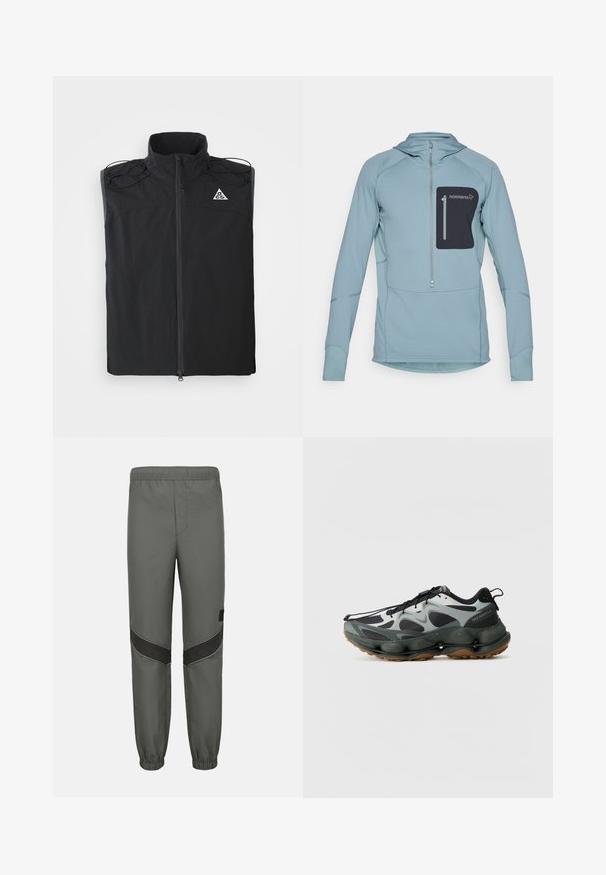 Débardeur noir sans manches en tissu léger. Il présente un col haut, une fermeture éclair à l'avant et des accents avec cordons au niveau des épaules.; Hoodie à manches longues bleu clair avec fermeture éclair et une poche poitrine zippée noire. Fabriqué en tissu texturé avec des détails cousus.; Pantalon de survêtement gris à taille élastique avec panneaux genoux en chevron noir et poignets élastiques, conçu pour un usage décontracté ou sportif.; Chaussures de sport noires et grises avec tige en mesh, semelle sculptée et semelle extérieure en caoutchouc. Présente un système de laçage sécuritaire et une languette à l'arrière.