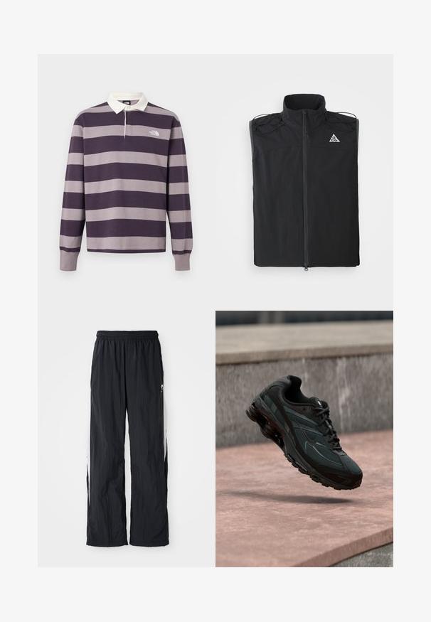 Débardeur noir sans manches en tissu léger. Il présente un col haut, une fermeture éclair à l'avant et des accents avec cordons au niveau des épaules.; Maillot de rugby à manches longues avec larges rayures horizontales violet foncé et gris, col blanc et logo The North Face sur la poitrine.; Pantalon de survêtement noir en nylon avec une taille élastique, dotés de panneaux latéraux blancs et d'un subtil détail de logo à l'avant.; Baskets athlétiques noires avec une semelle intercalaire à coussin d’air visible flottant au-dessus d’une surface en pierre rose avec un mur en pierre gris en arrière-plan.