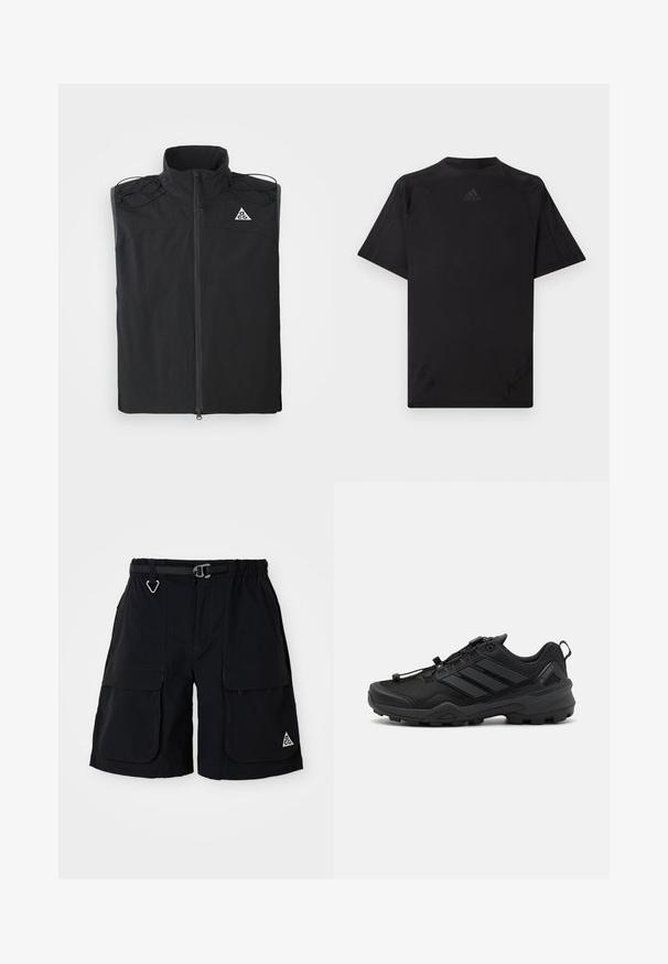 Schwarze ärmellose Weste aus leichtem Stoff. Verfügt über einen hohen Kragen, einen Reißverschluss vorne und Kordelzüge an den Schultern.; Schwarzes sportliches T-Shirt mit kurzen Ärmeln, rundem Ausschnitt und Flachnähten. Verfügt über ein geprägtes Logo in der oberen Mitte. Glatte Textur.; Schwarze Cargo-Shorts mit elastischem Bund, integriertem Gürtel, großen Seitentaschen und dreieckigem ACG-Logo am rechten Bein.; Schwarzer Sportschuh mit einem strukturierten Mesh-Obermaterial, kontrastierenden synthetischen Akzenten und einer robusten Gummisohle. Verfügt über ein sicheres Schnürsystem und eine hintere Lasche.