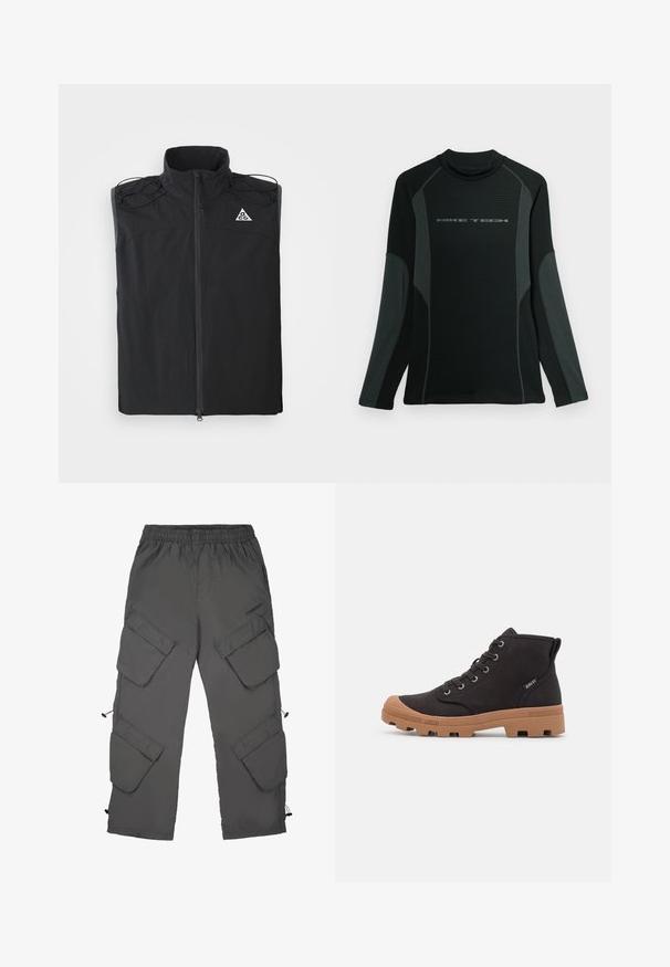 Débardeur noir sans manches en tissu léger. Il présente un col haut, une fermeture éclair à l'avant et des accents avec cordons au niveau des épaules.; Chemise noire à manches longues avec col haut, fabriquée en tissu texturé. Présente des panneaux latéraux gris et le logo "NIKE TECH" sur la poitrine.; Pantalons cargo en tissu gris foncé avec une taille élastique, plusieurs poches cargo, ourlets avec cordons de serrage et une texture lisse.; Bottes de cheville en toile noire avec semelles en caoutchouc marron, dotées d'œillets en métal, d'un design à lacets et d'une surface texturée.