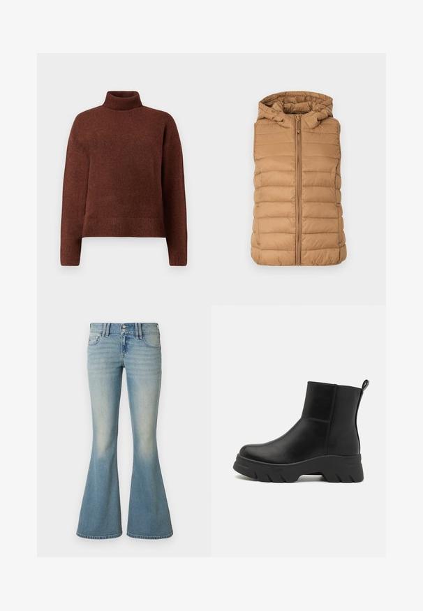 Tan puffer vest med hætte, med en frontlynlås og syede horisontale paneler, fremstillet af letvægts, quiltet materiale.; Brun rullekrave sweater lavet af blødt strikket stof, med en afslappet pasform, ribbede manchetter og kant. Glat tekstur med minimal detaljer.; Lyseblå denim flare jeans med høj talje, let falmet effekt, to forlommer og to baglommer med knaplukning.; Sorte ankelstøvler lavet af glat læder, med en kraftig gummisål med et zigzag-mønster og en løkke på bagsiden.