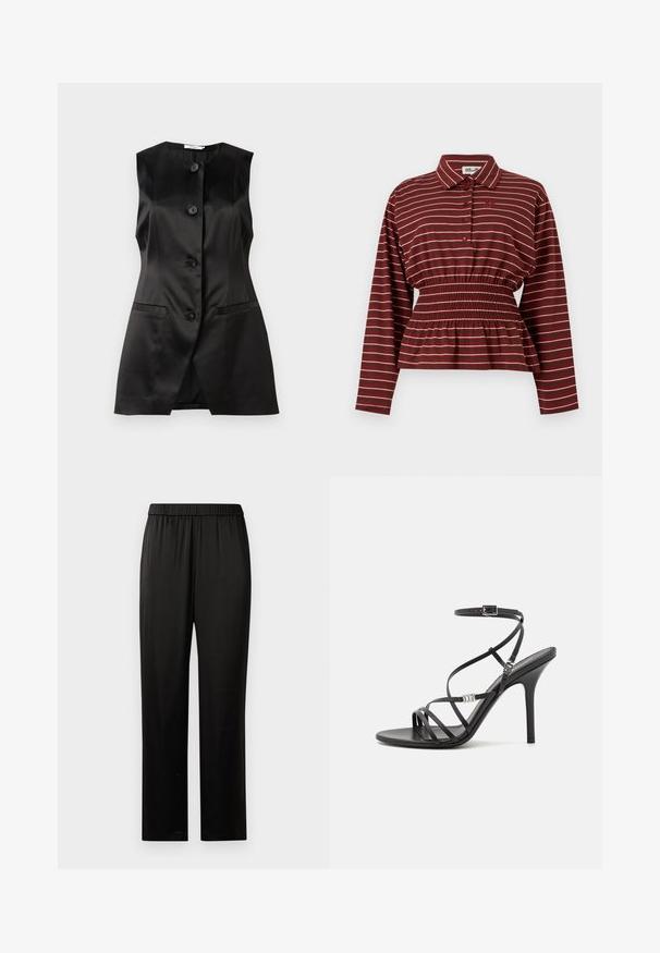 Gilet sans manches en satin noir avec quatre boutons à l'avant et deux poches fendue horizontales, ajustement cintré avec une légère évasement en bas.; Chemise bordeaux à manches longues avec rayures blanches, patte de boutonnage à l'avant, taille élastiquée froncée et col.; Pantalons noirs à jambes droites avec ceinture élastique, en tissu lisse, sans poches ni embellissements visibles, présentés sur un fond blanc.; Sandale noire à talons hauts avec des brides fines, une boucle à la cheville, une surface en cuir lisse et un talon aiguille élancé.