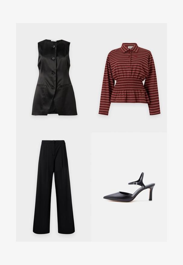 Gilet sans manches en satin noir avec quatre boutons à l'avant et deux poches fendue horizontales, ajustement cintré avec une légère évasement en bas.; Chemise bordeaux à manches longues avec rayures blanches, patte de boutonnage à l'avant, taille élastiquée froncée et col.; Pantalons larges noirs en tissu lisse, dotés d'une taille haute et de détails plissés. Pas d'ornements ni de motifs visibles.; Escarpin noir à bout pointu avec fine bride à la cheville et boucle argentée, finition en cuir lisse, chaussure élégante pour femme.