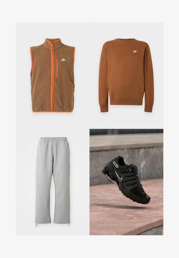 Chaleco de forro polar en marrón con ribetes y cremallera en naranja. Cuenta con un cuello alto y un pequeño logo blanco en el lado izquierdo del pecho.; Sudadera marrón de manga larga de Nike con cuello redondo y pequeño logo blanco en el pecho izquierdo, mostrada sobre un fondo liso gris claro.; Pantalones de chándal grises con una cintura elástica, piernas rectas y detalles de cordones en el dobladillo. Fabricados en una suave tela texturizada.; Zapatilla de running Nike Shox negra con logo Swoosh blanco, en el aire sobre una superficie de hormigón rosada frente a una pared de piedra gris.