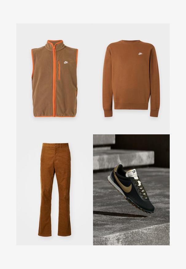 Hnedý fleece vest s oranžovým lemovaním a zipsom. Má vysoký golier a malé biele logo na ľavom hrudníku.; Hnedá mikina Nike s dlhým rukávom a okrúhlym výstrihom a malým bielym logom na ľavej strane hrudníka, zobrazená na jednofarebnom svetlošedom pozadí.; Hnedé kordové rozšírené nohavice s plochým predným dielom, jedným gombíkom na zapínanie a bočnými vreckami. Textúra je ryhovaná, čo poskytuje mäkký a odolný pocit.; Čierno-zlatá bežecká obuv Nike s textúrovaným zvrškom a vzorovanými šnúrkami vznášajúca sa nad drsným betónovým povrchom a schodmi.