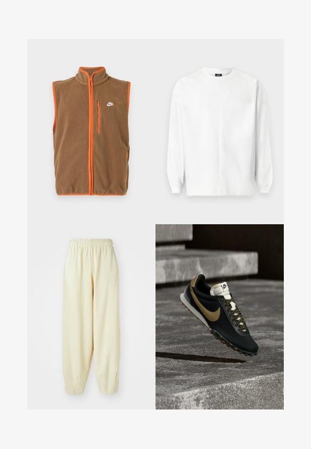 Fleece-Weste in Braun mit orangefarbenen Akzenten und Reißverschluss. Hat einen hohen Kragen und ein kleines weißes Logo auf der linken Brust.; Weißer Sweatshirt, aus weichem Stoff, mit Rundhalsausschnitt, langen Raglanärmeln, gerippten Bündchen und dezentem gesticktem Logo auf der Brust.; Cremefarbene Sweatpants mit einem elastischen Bund, schmal zulaufenden Beinen und einer lockeren Passform. Hergestellt aus weichem, leichtem Material.; Schwarzer und goldener Nike Laufschuh mit strukturiertem Obermaterial und gemusterten Schnürsenkeln, der über einer rauen Betonfläche und Stufen schwebt.