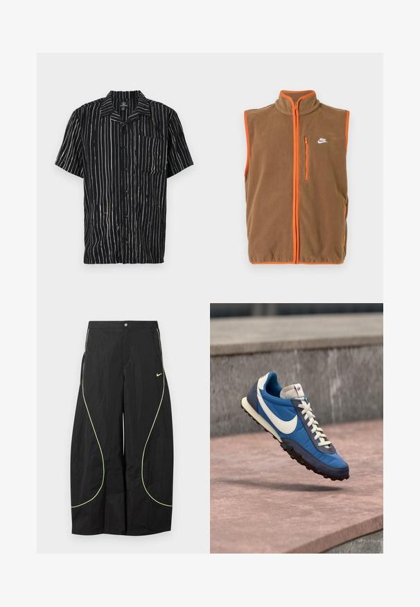 Gilet en polar marron avec des embellissements et une fermeture éclair orange. Il présente un col haut et un petit logo blanc sur la poitrine gauche.; Chemise à manches courtes en tissu noir avec des rayures blanches verticales, une poche sur la poitrine gauche et un col avec une coupe décontractée.; Pantalon large noir Nike avec passepoil courbé vert néon et petit logo Nike Swoosh sur la cuisse droite, fermeture par bouton et zip à la taille.; Baskets Nike bleues et marine avec le logo swoosh blanc et des lacets blancs, flottant au-dessus d'une surface en pierre avec un mur en pierre grise en arrière-plan.