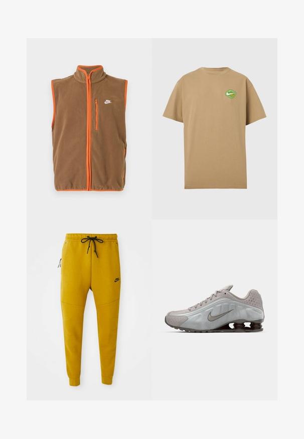 Fleece-Weste in Braun mit orangefarbenen Akzenten und Reißverschluss. Hat einen hohen Kragen und ein kleines weißes Logo auf der linken Brust.; Beige T-Shirt mit kurzen Ärmeln und einem kleinen grünen und weißen runden Logo auf der linken Brust, das einen Schwung und Text zeigt.; Senfgelbe Nike Jogginghose mit schwarzem Kordelzug, seitlicher Reißverschlusstasche, gerippten Bündchen und Nike-Logo am linken Oberschenkel.; Nike-Laufschuh in Hellgrau mit glatter Textur, geschwungenem Design und sichtbaren dämpfenden Federn in Dunkelbraun an der Ferse.