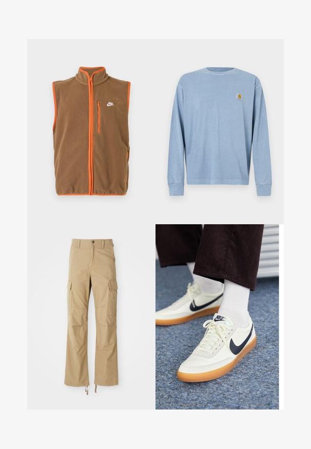 Fleecevest i brun med orange kant og lynlås. Har en høj krave og et lille hvidt logo på venstre bryst.; Lyseblå langærmet skjorte lavet af blødt stof med rund halsudskæring, ribbet manchetter og en lille logopatch på venstre bryst.; Khaki cargo bukser lavet af slidstærkt stof, der har flere sidelommer, en lige ben-design og justerbare snore i kanten.; Nike sneakers i hvid læder med en marineblå swoosh, med en gummisål og hvide snørebånd, parret med hvide ankelstrømper og mørke fløjlspants.