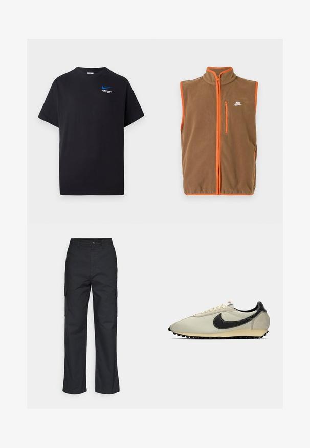 Pruun fliisvest oranži äärise ja tõmbelukuga. Omab kõrget kaelust ja väikest valget logo vasakul rinnal.; Must värvi lühikese varrukaga T-särk, millel on väike sinine Nike swoosh ja valge tekst "ATHLETIC DEPT JUST DO IT." vasakus ülanurgas.; Mustad cargo püksid sirge säärega disainiga, küljetaskud ja tekstuuriga kangas. Nööp sulgemisega vöökoht, et tagada kindel istuvus.; Beežid kanvasist tekkised mustade nahast detailidega, ümar varvas, lame must välistald ja valged paelad. Omab silmapaistvat musta logo.