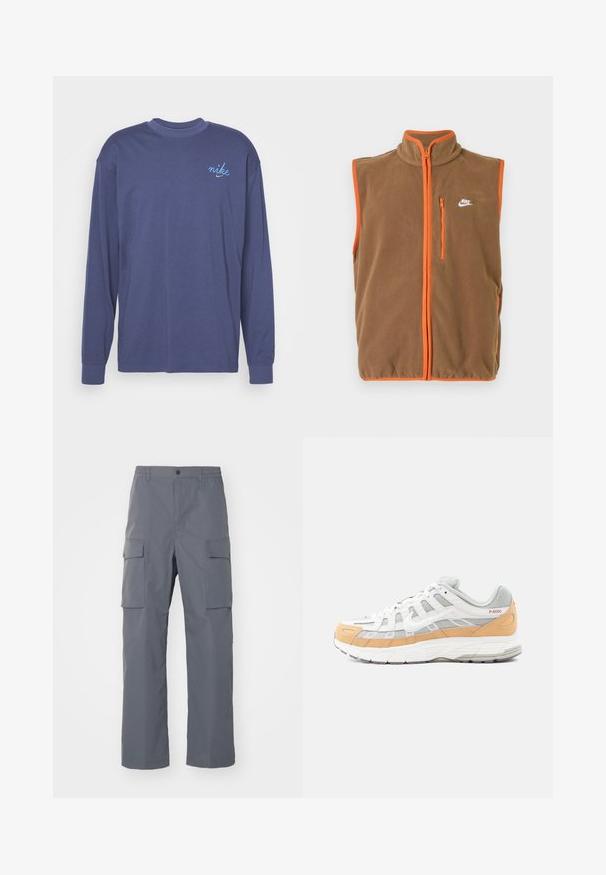Hnedý fleece vest s oranžovým lemovaním a zipsom. Má vysoký golier a malé biele logo na ľavom hrudníku.; Dlhý rukáv, tmavomodré tričko s dlhým rukávom vyrobené z bavlny, s malým modrým vyšitým logom "nike" na ľavej hrudi. Okrouhly výstrih a ribbované manžety.; Šedé cargo nohavice vyrobené z odolnej tkaniny. Medzi vlastnosti patrí elastický pás, dve veľké bočné vrecká a strih s rovnými nohavicami.; Biele a sivé tenisky s jemne oranžovými akcentmi, z materiálov sieťoviny a kože, s textúrovanou podrážkou a geometrickým vzorom na stranách.
