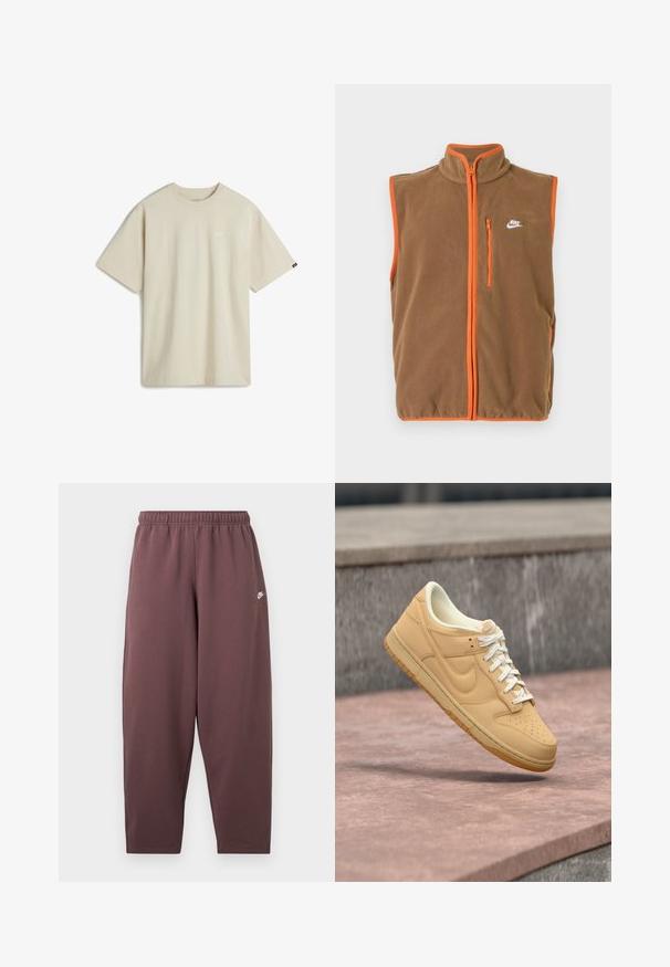 Fleecevest i brun med orange kant og lynlås. Har en høj krave og et lille hvidt logo på venstre bryst.; Beige bomulds T-shirt med korte ærmer, rund halsudskæring og et lille hvidt logo på brystet. Glat tekstur med en afslappet pasform.; Løse mørkelilla sweatpants med elastisk talje og lille hvid Nike swoosh-logo på øverste lår.; Tan Nike lavtop-sneaker med hvide snørebånd og gummisål, der svæver over en stens overflade og en betonbaggrund.