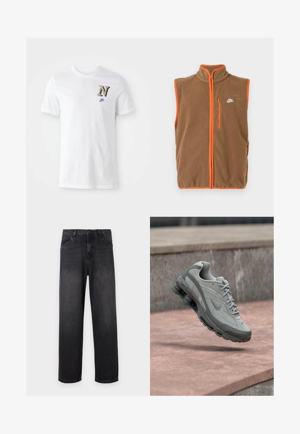 Hnedý fleece vest s oranžovým lemovaním a zipsom. Má vysoký golier a malé biele logo na ľavom hrudníku.; Biela bavlnená tričko s kamuflážovým logom "N" a malým fialovým Nike swooshom na hrudi. Klasický návrh s okrúhlym výstrihom.; Tmavošedé džíny s rovnými nohavicami, so zapínaním na zips, piatimi vreckami a jemnými odfarbeniami na látke.; Sivá a biela teniska Nike zavesená nad kamenným schodom s viditeľným vzduchovým odpružením a textúrovanou podrážkou.