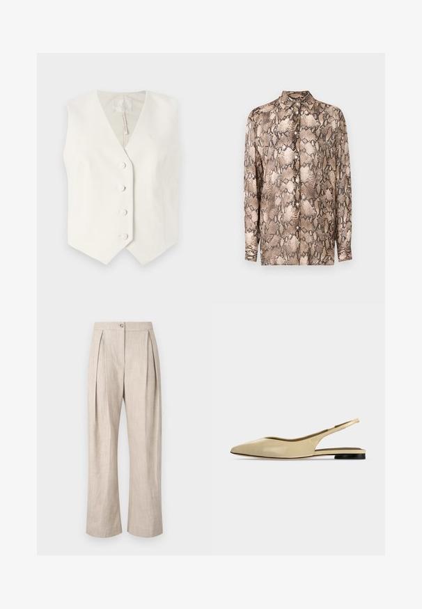 Guess THEOLINE PERFECT VEST - Vesta - cream white; Košela s dlhým rukávom so vzorom hnedých a tmavohnedých hadích štruktúr, vyrobená z ľahkej látky, s golierom a zapínaním na gombíky.; Béžové ľanové nohavice s plisovaním, širokými nohavicami a predným gombíkovým zapínaním. Tkanina má štruktúrovaný vzhľad a je ľahká a priedušná.; Béžová plochá obuv so špicatou špičkou a zapínaním na zadnej strane, nízkym čiernym podpätkom a hladkým koženým povrchom, zobrazená z boku na jednofarebnom pozadí.