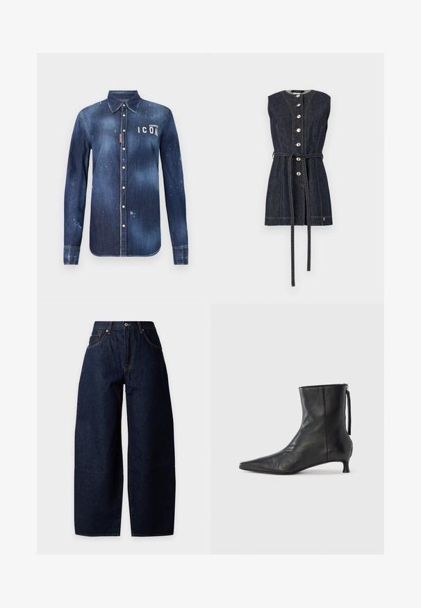 Robe sans manches en denim foncé avec fermeture à boutons sur le devant, coutures orange, ceinture à nouer à la taille et encolure ronde.; Chemise en denim bleu foncé, présentant un design à boutons, avec un effilochage préservé, des accents usés et un texte blanc "ICON" sur la poitrine.; Jean en denim bleu foncé à jambes larges avec poches avant, passants de ceinture, bouton et coutures orange visibles sur un fond uni.; Bottine en cuir noir à bout pointu, forme structurée et petit talon. Dispose d'une fermeture éclair latérale et d'un design minimaliste.