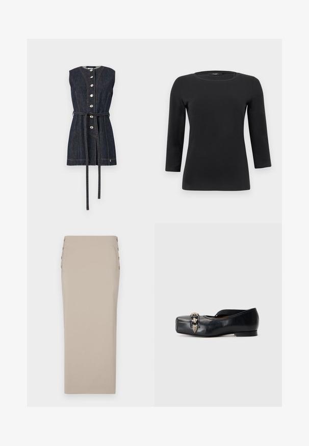 Ärmelloses, dunkles Denimkleid mit vorderer Knopfleiste, orangefarbener Naht, einem Taillengürtel und rundem Ausschnitt.; Schwarzes Langarm-Shirt mit rundem Halsausschnitt, figurbetontem Schnitt und glatter, einfarbiger Stoffstruktur.; Beige Bleistiftrock aus glattem Stoff, mit seitlichen Knöpfen, einer schlanken Silhouette und ohne sichtbare Taschen oder Muster.; Schwarze Lederflats mit quadratischer Zehenpartie, elastischem Riemen und metallischem Schmuck an der Vorderseite, mit glatter Textur und minimalem Absatz.