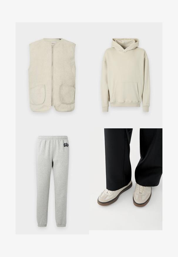 Crèmekleurig fleecevest met een ritssluiting aan de voorkant, een ronde halslijn en twee zakken aan de voorkant. De stof heeft een zachte, getextureerde oppervlak.; Beige capuchontrui gemaakt van zacht materiaal. Voorzien van een grote buidelzak aan de voorkant en geribbelde boorden bij de mouwen en zoom. Simpel, ontspannen ontwerp.; Grijze sweats met een elastische tailleband, cuffed enkels, en een marineblauwe "GAP" logo op de linker boven dij. Zachte, katoenen stofmix.; Voeten met beige sneakers met bruine zolen en zwarte wijde broekspijpen op een witte achtergrond.