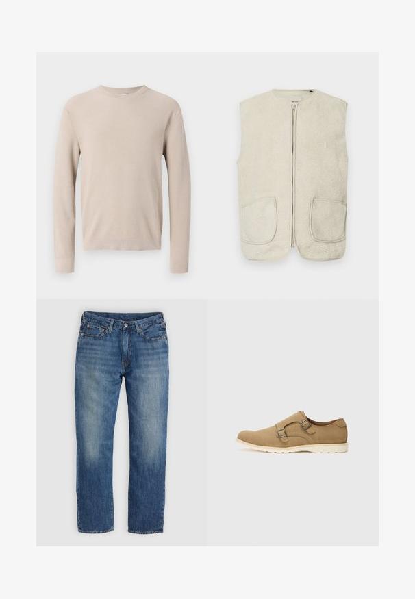 Veste sans manches en polaire couleur crème avec une fermeture éclair à l'avant, un col rond et deux poches avant. Le tissu a une surface douce et texturée.; Pull beige à manches longues avec col rond, poignets et ourlet côtelés, présentant un motif en tricot texturé.; Jeans en denim bleu avec une coupe droite, présentant des zones délavées, un design à cinq poches et des éléments métalliques. Look classique et polyvalent.; Chaussure en daim marron avec un bout arrondi, deux sangles décoratives avec des boucles en argent et une semelle légère blanche. Texture lisse sur l'ensemble.