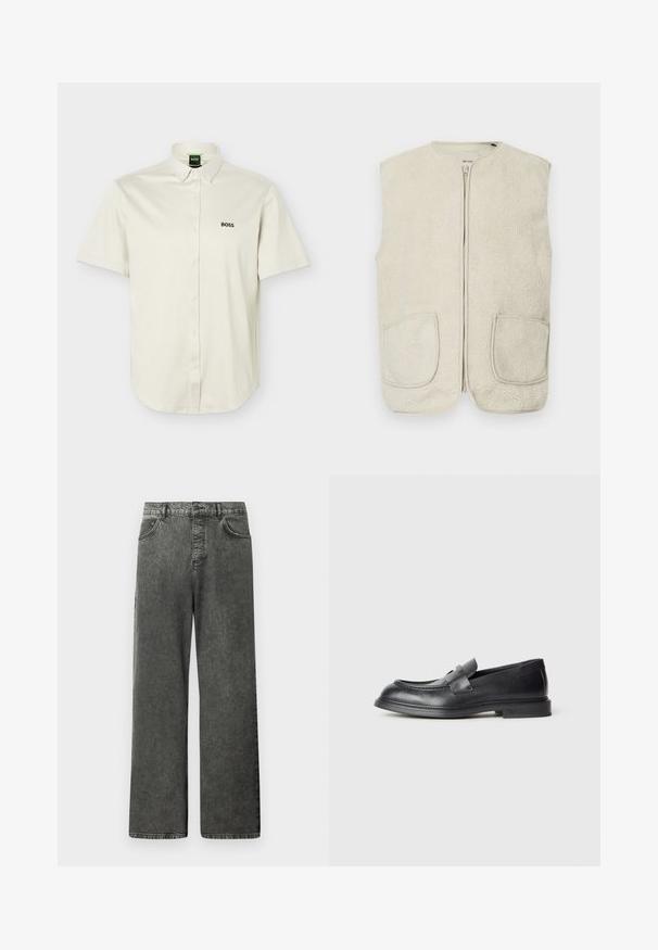 Veste sans manches en polaire couleur crème avec une fermeture éclair à l'avant, un col rond et deux poches avant. Le tissu a une surface douce et texturée.; Chemise blanche à manches courtes avec boutons-pression, col boutonné, logo "BOSS" noir sur la poitrine, et étiquette verte à l'intérieur du col.; Jeans en denim noir à jambes larges avec poches avant et arrière, passants de ceinture et fermeture bouton à la taille.; Mocassins en cuir noir avec une finition texturée, dotés d'une bride décorative à l'avant et d'un bout arrondi. Semelle en caoutchouc pour plus de durabilité.