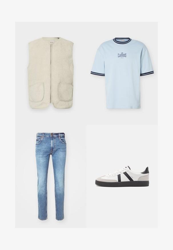 Veste sans manches en polaire couleur crème avec une fermeture éclair à l'avant, un col rond et deux poches avant. Le tissu a une surface douce et texturée.; T-shirt bleu clair à manches courtes avec bordure rayée bleu foncé au col et aux manches, avec le texte « LES CLASSIQUES » imprimé sur le devant.; Jean en denim bleu clair avec une coupe droite, design à cinq poches et coutures contrastantes, présentant une finition délavée et une coupe classique.; Baskets blanches avec des accents noirs et gris, présentant un embout texturé gris, une semelle en caoutchouc noir et des lacets plats blancs. Design épuré, style minimaliste.