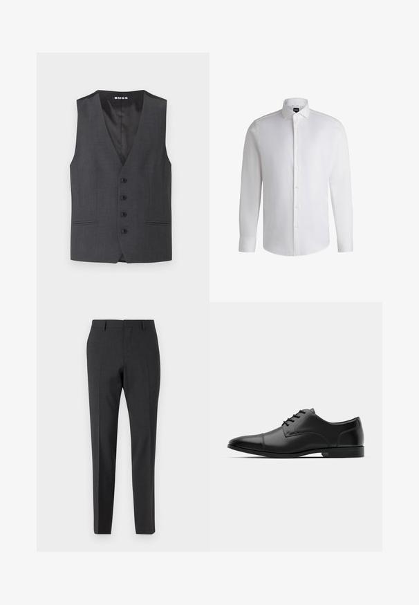 Gilet gris sur mesure avec un col en V, cinq boutons sur le devant, deux poches latérales et une doublure intérieure lisse.; Chemise blanche à manches longues en coton lisse, dotée d'un col classique, d'une patte de boutonnage complète et de poignets à bouton. Design minimaliste.; Pantalons tailleur gris foncé avec une texture lisse, coupe slim, devant plat et passants de ceinture, conçus pour une tenue formelle ou professionnelle.; Chaussure habillée en cuir noir avec un bout arrondi, texture lisse, six œillets et une semelle noire basse. Présente une couture discrète sur le bout.