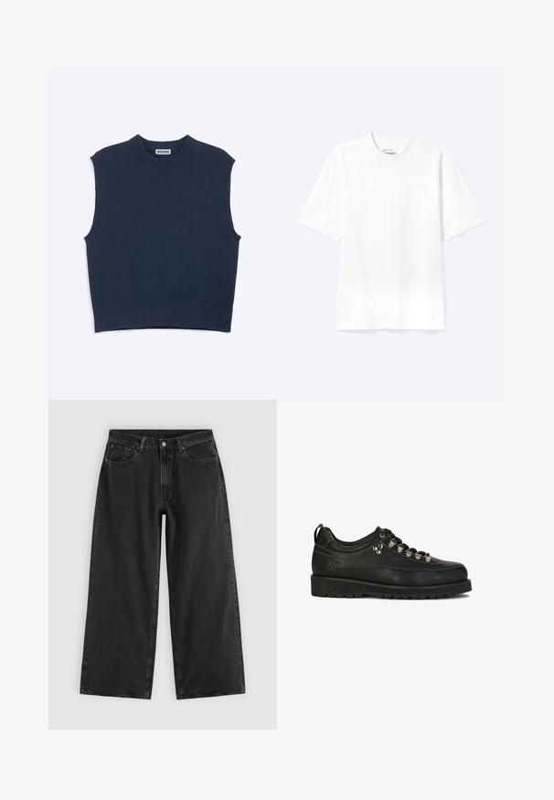 Navyblå ærmeløs strikket vest med ribbet rund halsudskæring, ærmegab og kant, mærket "Weekday" inde i kraven.; Enkel hvid T-shirt med korte ærmer og rund hals med afslappet pasform, vist på en lys baggrund.; Sorte denim jeans med vide ben, forlommer, bæltestropper og knaplukning, vist på en ensfarvet lys baggrund.; Kazar Studio KS BLAISE - Sporty snøresko - black