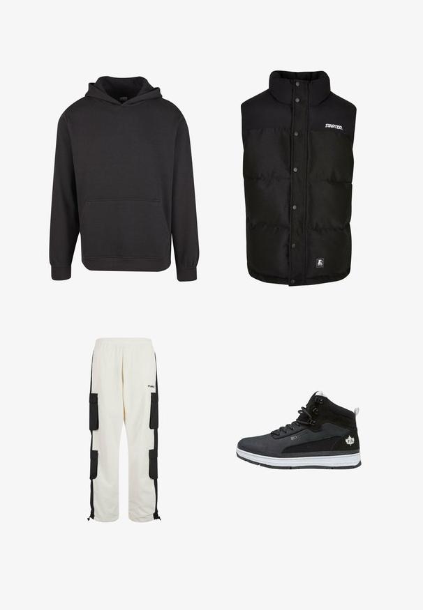 Zwarte gewatteerde vest met hoge kraag, drukknoopsluiting en logo op de borst. Materiaal lijkt glad met een matte afwerking.; Zwarte pullover hoodie gemaakt van zachte stof, met een voorzak in kangoeroestijl, brede manchetten en een ontspannen pasvorm. Zonder afbeeldingen of patronen.; Witte cargobroek met zwarte zijpanelen, elastische tailleband en cargopockets. Beschikt over verstelbare zoom en FUBU-logo op het linkerlijf.; Zwarte high-top sneaker van suede en synthetische materialen, met een witte zool, platte veters en logodetail nabij de enkel. Geweven afwerking over het hele oppervlak.