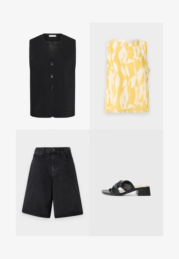 Schwarze ärmellose Weste mit V-Ausschnitt, drei Knöpfen vorne, zwei Fronttaschen und glattem Stofffinish.; Ärmellose Bluse mit abstraktem gelb-weißem wellenförmigem geometrischem Muster, rundem Ausschnitt und Rückenknopfverschluss.; Schwarze Denim-Shorts mit entspannter Passform, hoher Taille, fünf Taschen und Knopfverschluss vorne.; Schwarze Ledersandale mit einem gedrehten Oberdesign, quadratischer Zehenpartie und einem niedrigen Blockabsatz, ausgestattet mit einer glatten Textur und minimalistischen Stil.