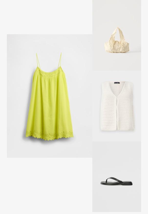 Hvid cropped vest med vævet tekstur, V-hals design og frontknaplukning. Blødt materiale med et let og luftigt udseende.; Limegrøn undertrøjekjole med tynde stropper, tekstureret stof, elastisk krop og bølget blonderkant med blomsterbroderi.; Sorte flip-flops lavet af glat læder, med et tyndt remdesign og en flad sål med et minimalt profil. Ingen bemærkelsesværdige mønstre eller accenter.; Håndtaske i cremefarvet tekstureret stof med top-håndtag og en lille bundet sløjfe-detalje midt foran.