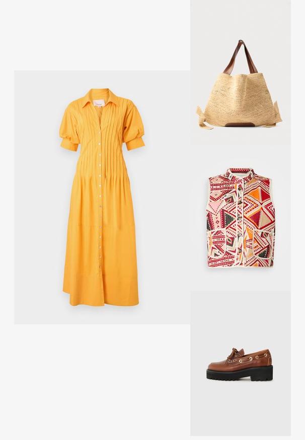 Mønstret vest med geometriske mønstre i rød, orange, lyserød og sort, med en beige trim og forlommer. Knaplukning.; Cinq à Sept MONTY DRESS - Skjortekjole - papaya; Brun lædersko med rund tå, dekorativ syning, metalhardware og en tyk sort sål med et struktureret greb.; Beige vævet stråtaske med brune læderhåndtag og sideremme, stående oprejst på en ensfarvet baggrund.