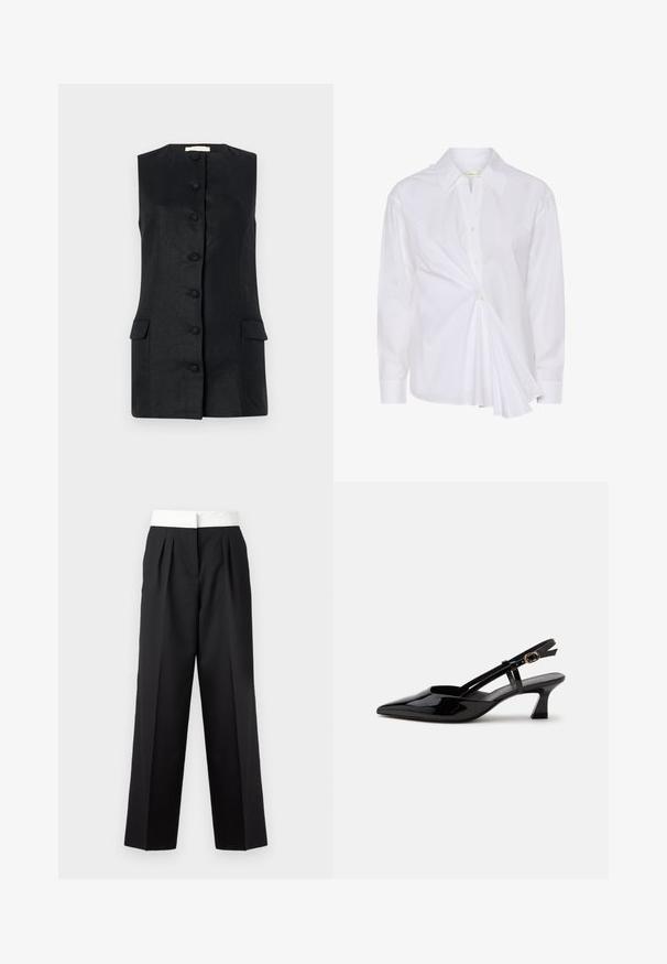 Sød løstsiddende sort vest uden ærmer lavet af tekstureret stof, med en lige skæring, seks knapper og to forlommer. Simpelt og struktureret design.; Hvid langærmet skjorte med knapper, spids krave og en asymmetrisk rynket plissédetalje på frontens højre side.; Sorte plisserede bukser med en bred hvid talje, der har en lige pasform og en glat tekstur for et struktureret udseende.; Sort laklæderslingback med lille hæl, spids tå og justerbar guldlåsrem på hvid baggrund.