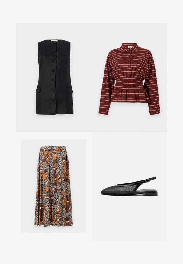 Débardeur noir sans manches en tissu texturé, avec une coupe droite, six boutons et deux poches avant. Design simple et structuré.; Chemise bordeaux à manches longues avec rayures blanches, patte de boutonnage à l'avant, taille élastiquée froncée et col.; Jupe midi avec taille élastique, présentant un motif floral et abstrait complexe bleu marine et orange brûlé sur fond crème.; Chaussure plate noire à bride arrière, bout pointu, tige en mesh, bride à boucle réglable et petit talon empilé sur fond blanc.