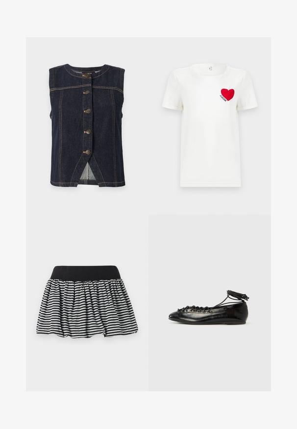 Veste sans manches en denim bleu foncé avec cinq boutons métalliques au centre et coutures contrastées beiges sur toute la surface.; T-shirt blanc à manches courtes avec un cœur rouge et le mot "AMOUR" imprimé sur la zone gauche de la poitrine.; Jupe à rayures noires et blanches avec un design plissé et une taille élastique, fabriquée en matériau doux. Présente une forme évasée pour plus de volume.; Ballerines en cuir verni noir avec un bout rond, un design à lacets et une semelle plate. Texture lisse avec peu de détails.