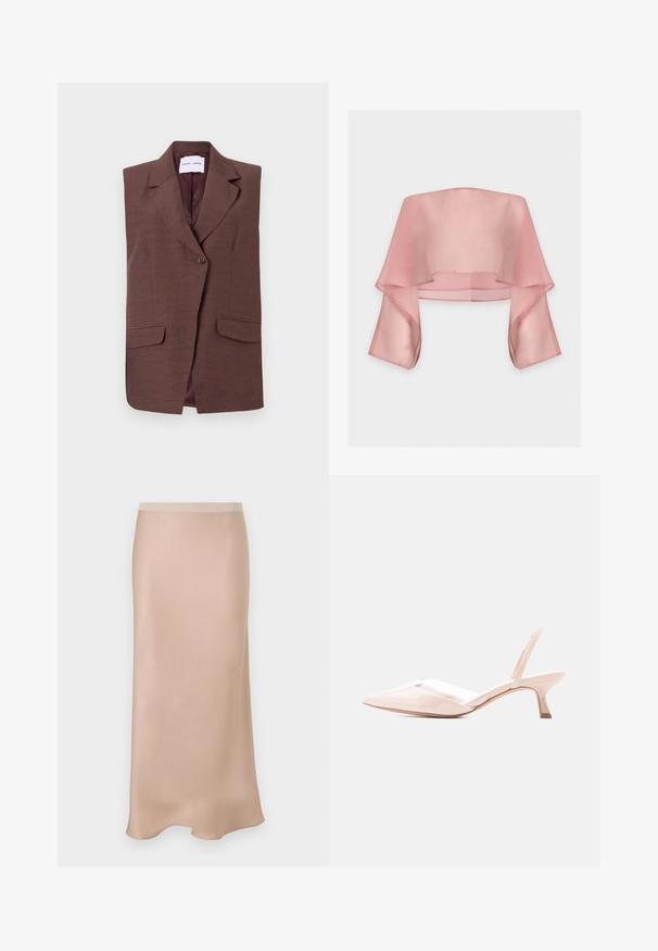 Blazer sans manches marron avec un col à revers, fermeture à un bouton et deux poches avant. Texture lisse avec un léger éclat.; Crop top rose transparent aux épaules dénudées avec des manches larges et fluides et un design ample et superposé.; Jupe midi en satin de couleur beige clair avec une texture lisse. Elle présente une taille ajustée et une coupe légèrement évasée, s'évasant doucement au niveau de l'ourlet.; Escarpin slingback en cuir verni nude avec bout pointu et petit talon incurvé sur un fond clair uni.