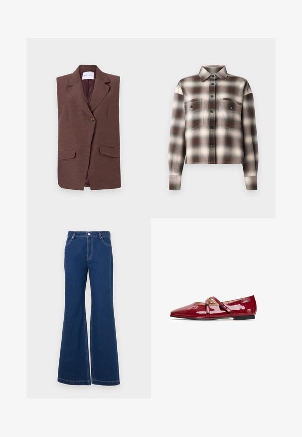 Bruine mouwloze blazer met een notch-kraag, enkele knoopsluiting en twee voorzakken. Gladde textuur met een subtiele glans.; CLOSED CROPPED FRONT OVERSIZED SHIRT - Overhemdblouse - dark raisin red; Donkerblauwe flared jeans van denim. Kenmerken zijn onder andere riemlussen, voorzakken en contrasterende stiksels. Brede broekspijpen.; Rode patentleren ballerina's met een puntige neus en twee asymmetrische banden met verstelbare gespen. Glad, glanzend oppervlak en een lichte hak.