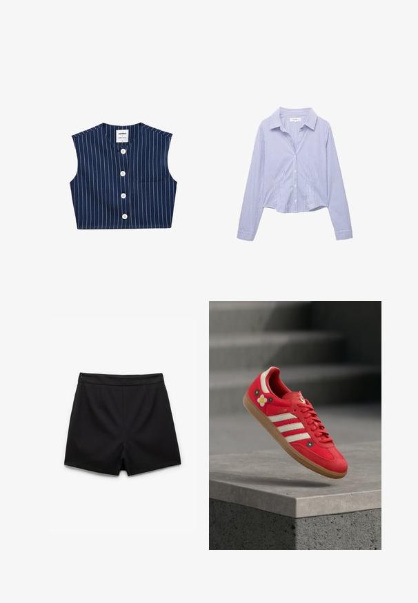 Koton CROP - Liivi - dark blue; Sinivalkoinen, pystysuorilla raidoilla oleva pitkähihainen nappilista kauluksella, vartalonmyötäinen vyötärö ja hihansuut kalvosimilla.; Mustat räätälöidyt shortsit, joissa on sileä pinta, keskimittainen vyötärönauha, kaksi etutaskua ja ei näkyviä kiinnityksiä.; Punainen urheilukengä, jossa valkoiset raidat, kukkakirjailu ja kumipohja. Sileä kangas, jossa mokkanahkaiset yksityiskohdat. Malli: Samba.