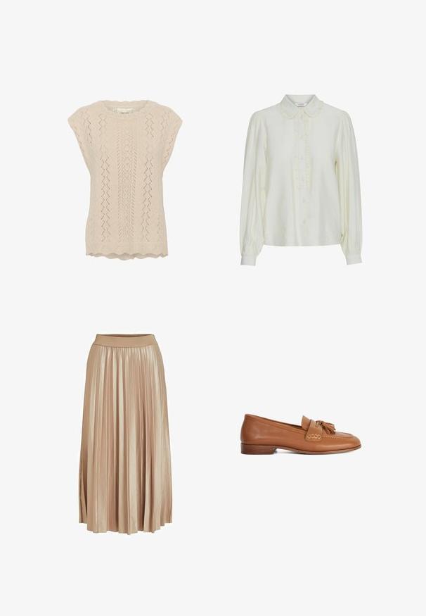 Haut en tricot beige clair avec un motif en dentelle, décolleté à volants et manches courtes. Texturé avec un design en losanges ajourés.; Blouse en crème avec un col à volants, fermeture à boutons sur le devant, manches bouffantes longues et un tissu doux et texturé. Design élégant et minimaliste.; Jupe midi plissée en satin beige clair. Dotée d'une large taille élastique et de plis verticaux élégants sur toute sa longueur.; Mocassins en cuir couleur tabac avec un bout arrondi, ornés d'un détail de pampille à l'avant, des accents cousus, et un petit talon en bois. Texture de surface lisse.