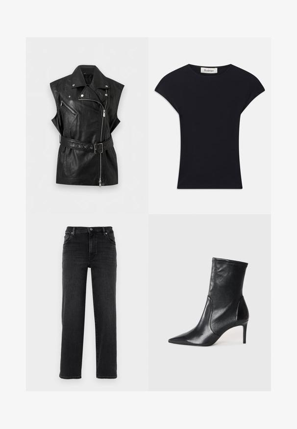 Veste de motard en cuir noir sans manches avec fermeture éclair avant asymétrique, taille ceinturée, poche poitrine zippée et revers à boutons-pression.; Haut noir à manches courtes en tissu doux, avec un col rond et une coupe ajustée, ornée de légers accents d'épaule. Étiquette visible.; Jean en denim noir avec une coupe droite. Comprend une fermeture à bouton, un design à cinq poches et des détails de couture minimes. Texture lisse.; Bottes noires à la cheville en cuir lisse, dotées d'un bout pointu, d'un tige ajustée et d'un talon haut fin. Design minimaliste sans quincaillerie visible.