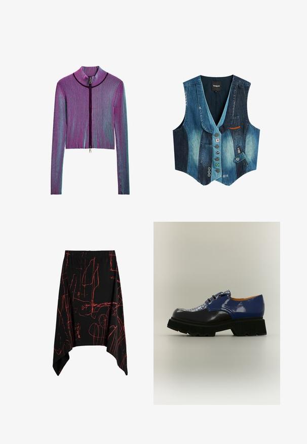 Denim patchworkvest met V-hals, gemengde licht- en donkerblauwe panelen, meerdere sierknopen, gestikte details, zakken en een rits aan de zijkant.; Ingekorte ritsjack met lange mouwen in een meerkleurig geribbeld patroon met roze, paarse en blauwe strepen. Zilveren ritsdetails aan de voorkant.; Zwarte asymmetrische rok met rode abstracte lijnpatronen en een elastische tailleband.; Zwart-blauwe leren veterschoen met dikke zwarte geribbelde zool en een blauw-witte stoffen tong met patroon, zijaanzicht.