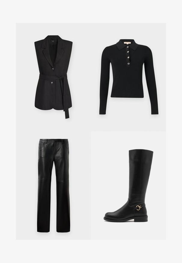 Blazer noir sans manches avec revers crantés, deux boutons à l'avant et une ceinture en tissu nouée à la taille, présenté sur un fond uni.; Polo noir à manches longues côtelé avec cinq boutons sur le devant et un col plié, présenté sur un fond blanc.; Pantalons en cuir noir avec une coupe droite, dotés d'une taille à boutons, de cinq poches et de coutures visibles le long des coutures.; Anna Field Wide Fit Bottes - black