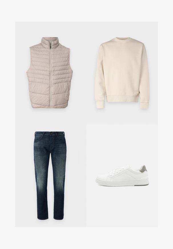 Quilted beige ærmeløs vest med høj krave og fuld lynlås. Har horisontale sømme og en glat stoftekstur.; Lys beige sweatshirt med rund hals, ribbede manchetter og kant. Fremstillet af blødt stof med en glat tekstur. Minimalistisk design uden mønstre.; Mørkeblå lige ben denim jeans med let fading på lårene og knæene, frontknap og lynlås lukning, samt fem-lomme stil.; Hvid sneaker lavet af glat læder, rund tå, minimalistisk design, grå hælafsats og tekstureret gummisål.
